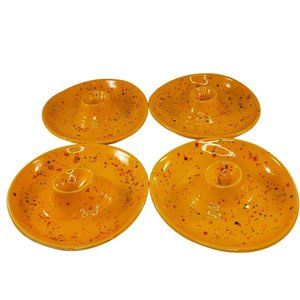 Egg Holder Plate Bowl Pottery Set Of 4 Speckled Yellow Hand Painted Handmade